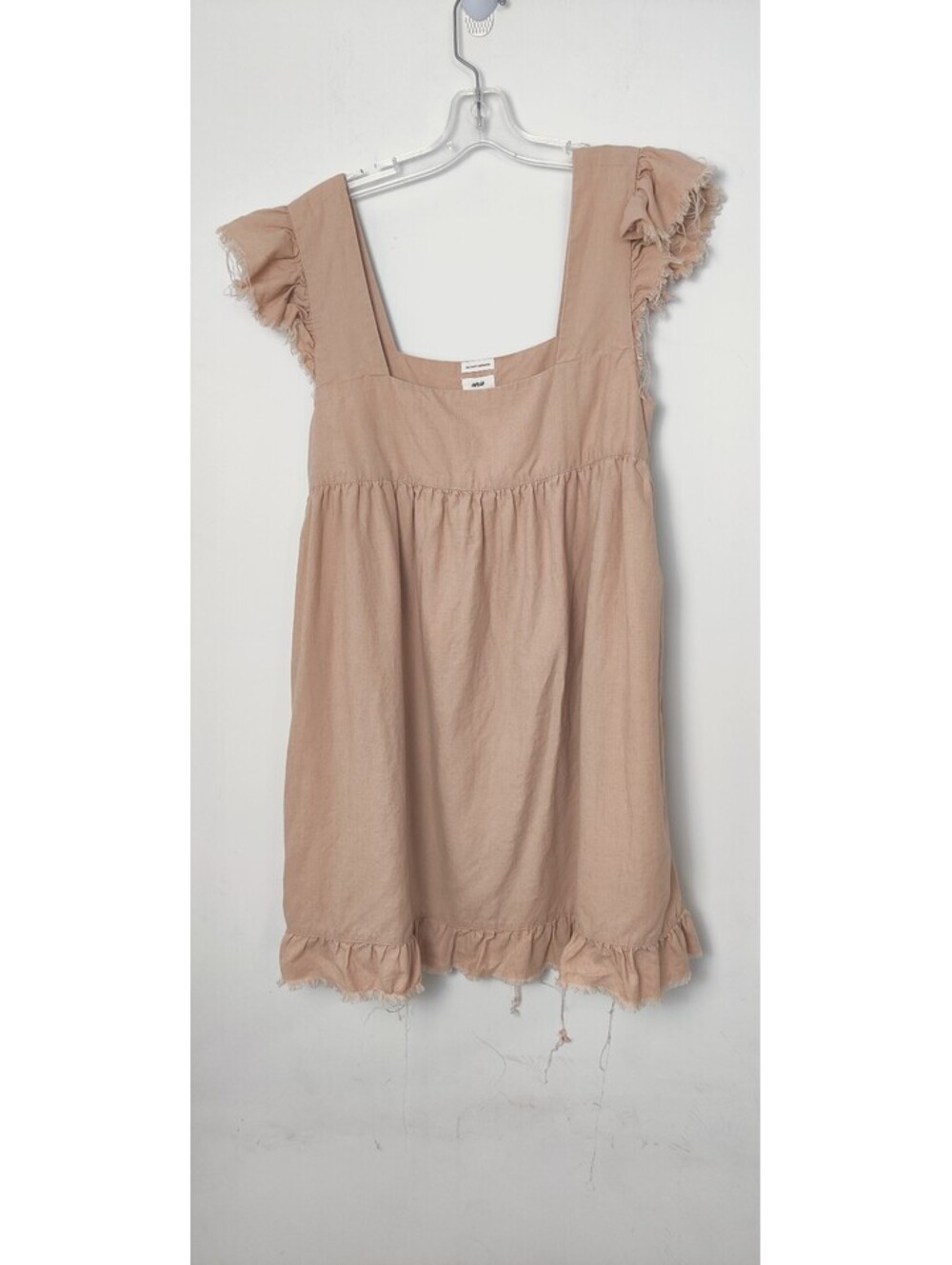 Aerie Beige Tan Linen Blend Raw Edge Ruffle Strap Babydoll Mini Dress Medium